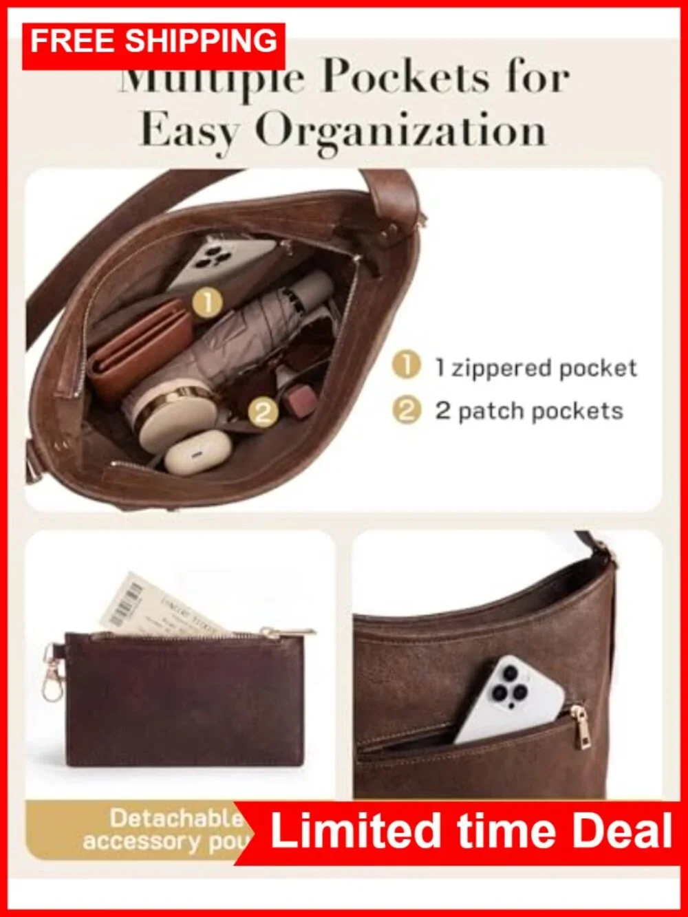 Vegan Leather Hobo Bag Multi-Pocket Crossbody PU Leather Tote Shoulder Bag with